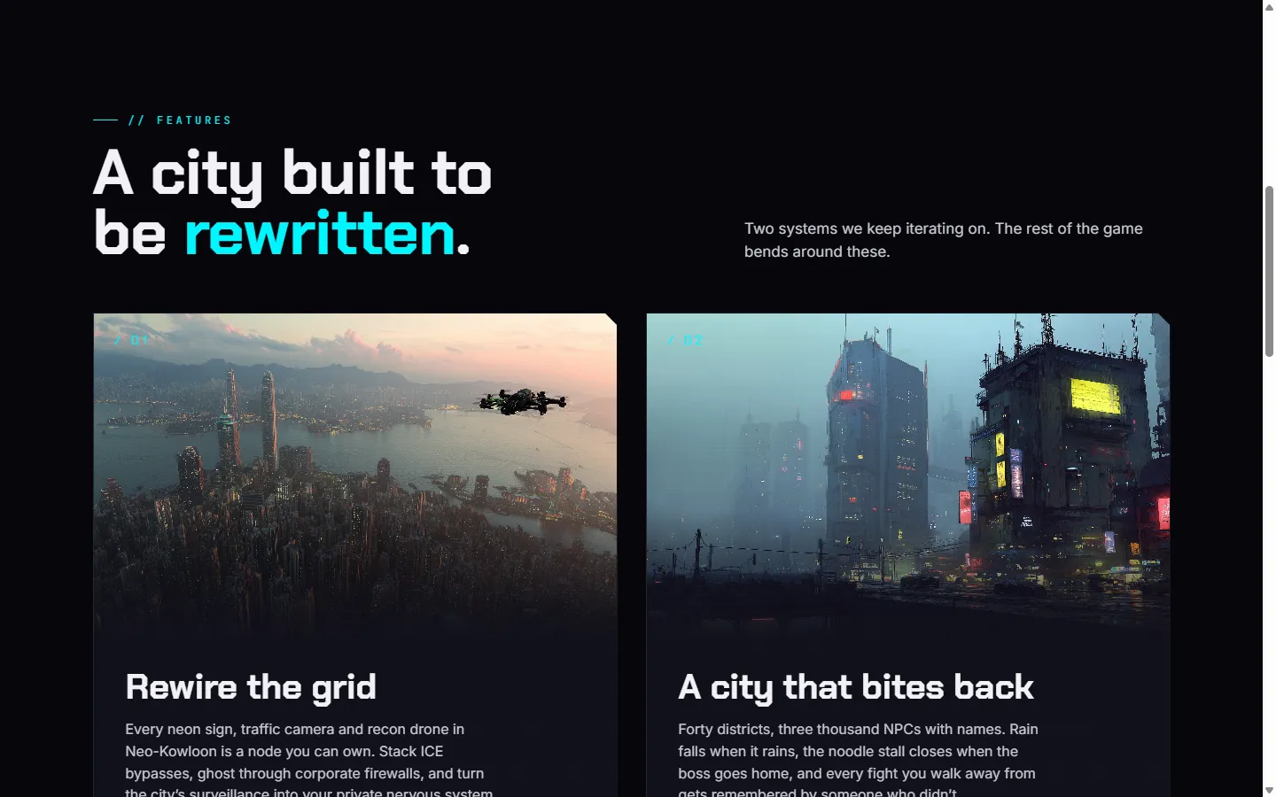 Landing page features section — two game feature cards
