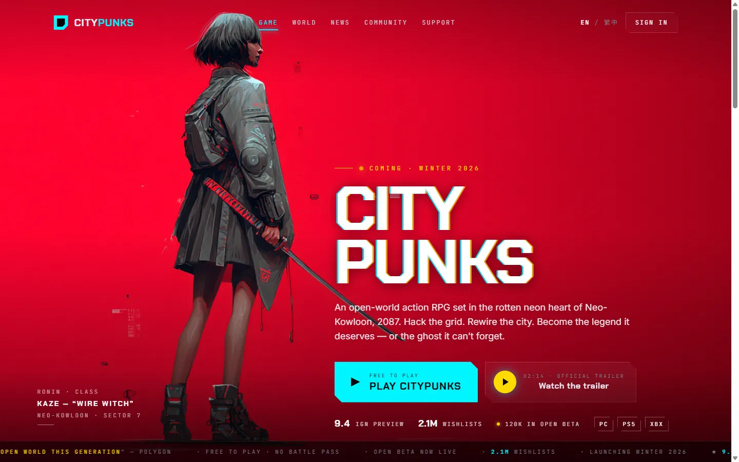 Citypunks 落地頁 above-the-fold 真實樣子 ── nav、武士角色、CITY PUNKS 大標題同雙 CTA