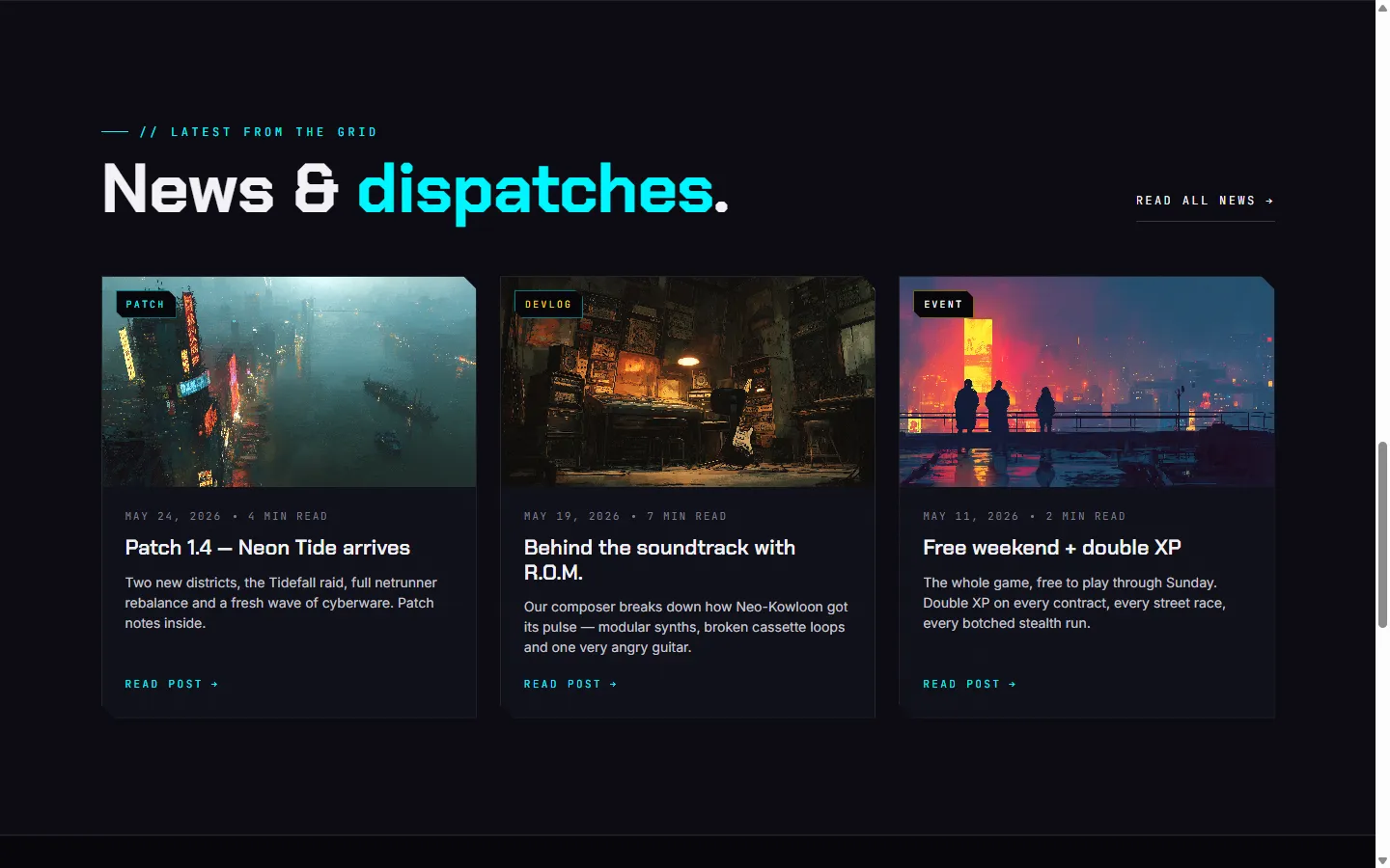 Landing page news section — three update cards