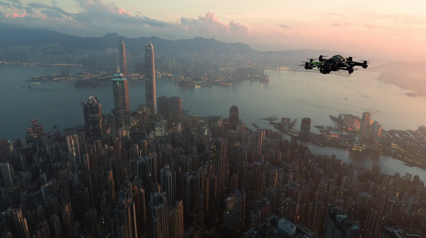 Aerial view of Neo-Kowloon at dusk with a recon drone overhead