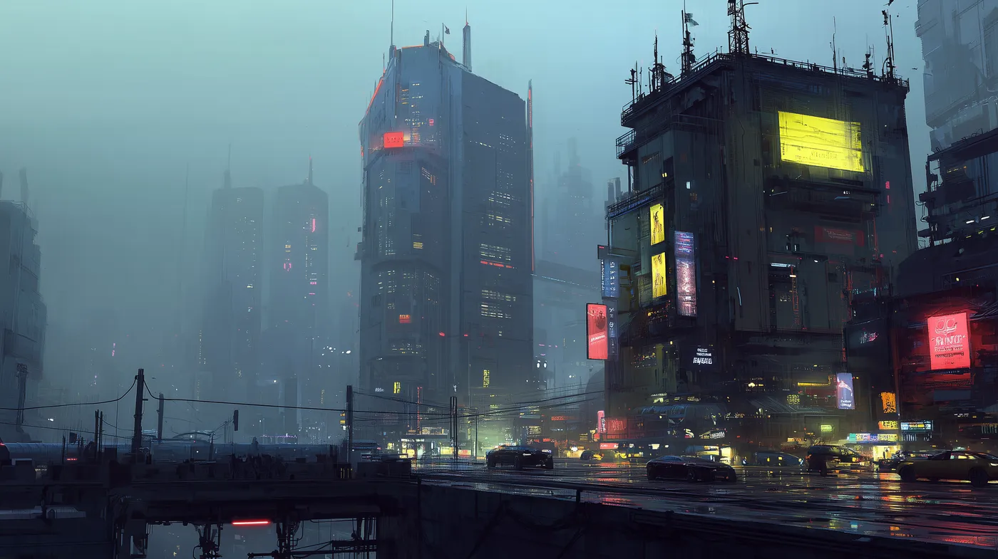 Wet neon-lit streets of Neo-Kowloon at street level